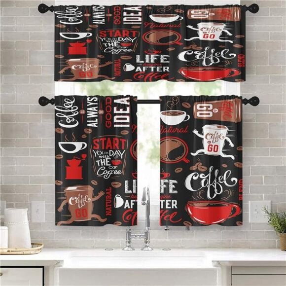 Coffee Kitchen Curtains Black Red Window Curtains Valance and Tier Set 36 Inch - Picture 1 of 7